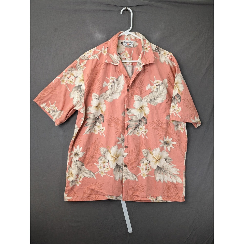 Pacific Legend Mens Hawaiian Shirt XL Salmon Pink Hibiscus Floral Made in‎ USA